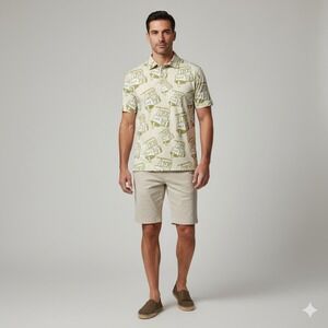 SOSIK Men's Polo Shirt Size M Yellow Golf Cart Print Short‎ Sleeve Luxury Sport